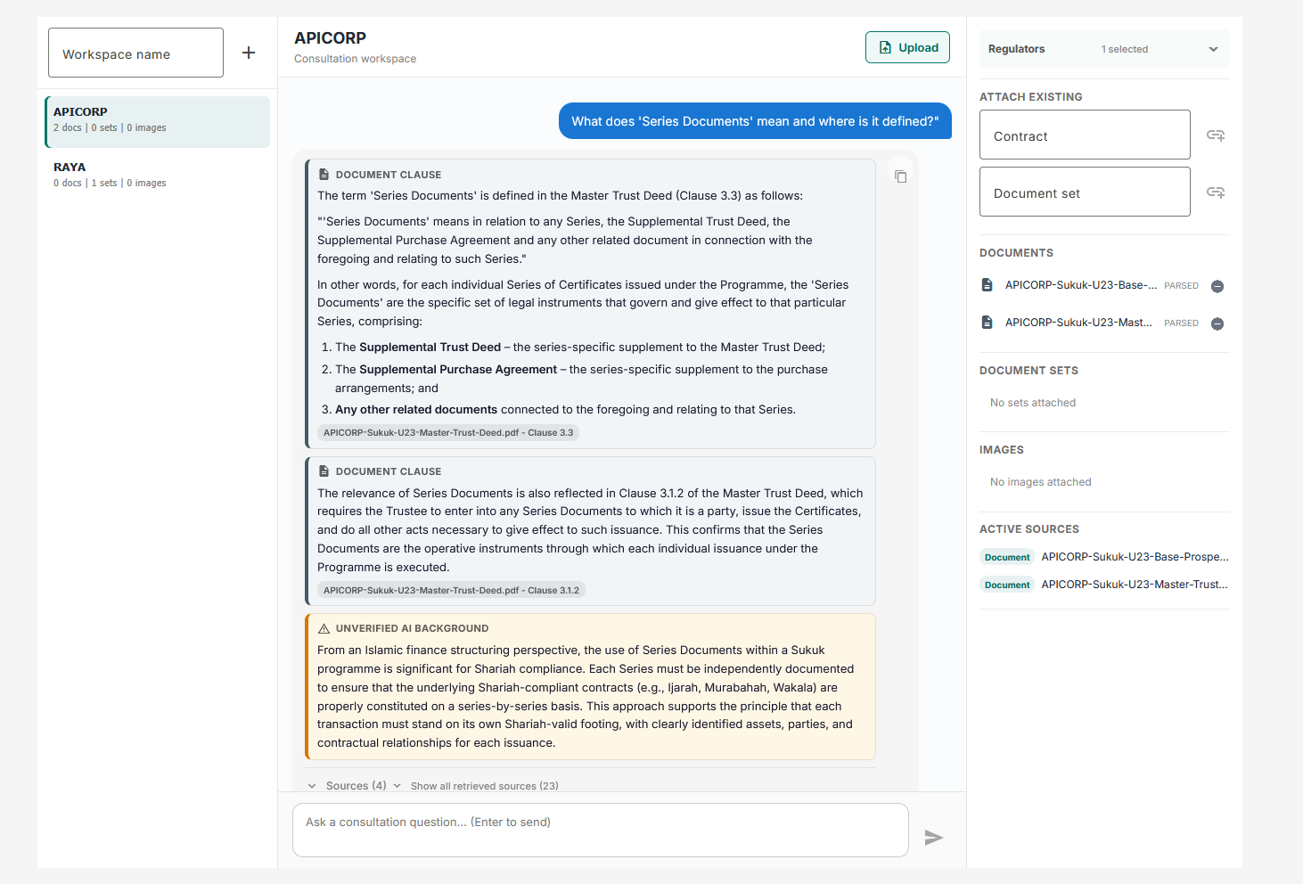 Burhan consultation workspace showing document-grounded answers and cited sources